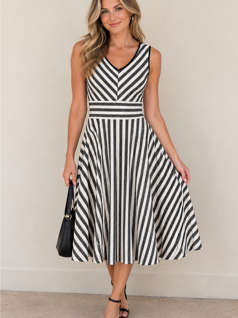 Gabby Skye Black and White Striped Fit & Flare Dress
